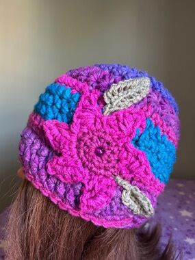 Handmade Crocheted fuchsia Floral Beanie Hat medium acrylic
